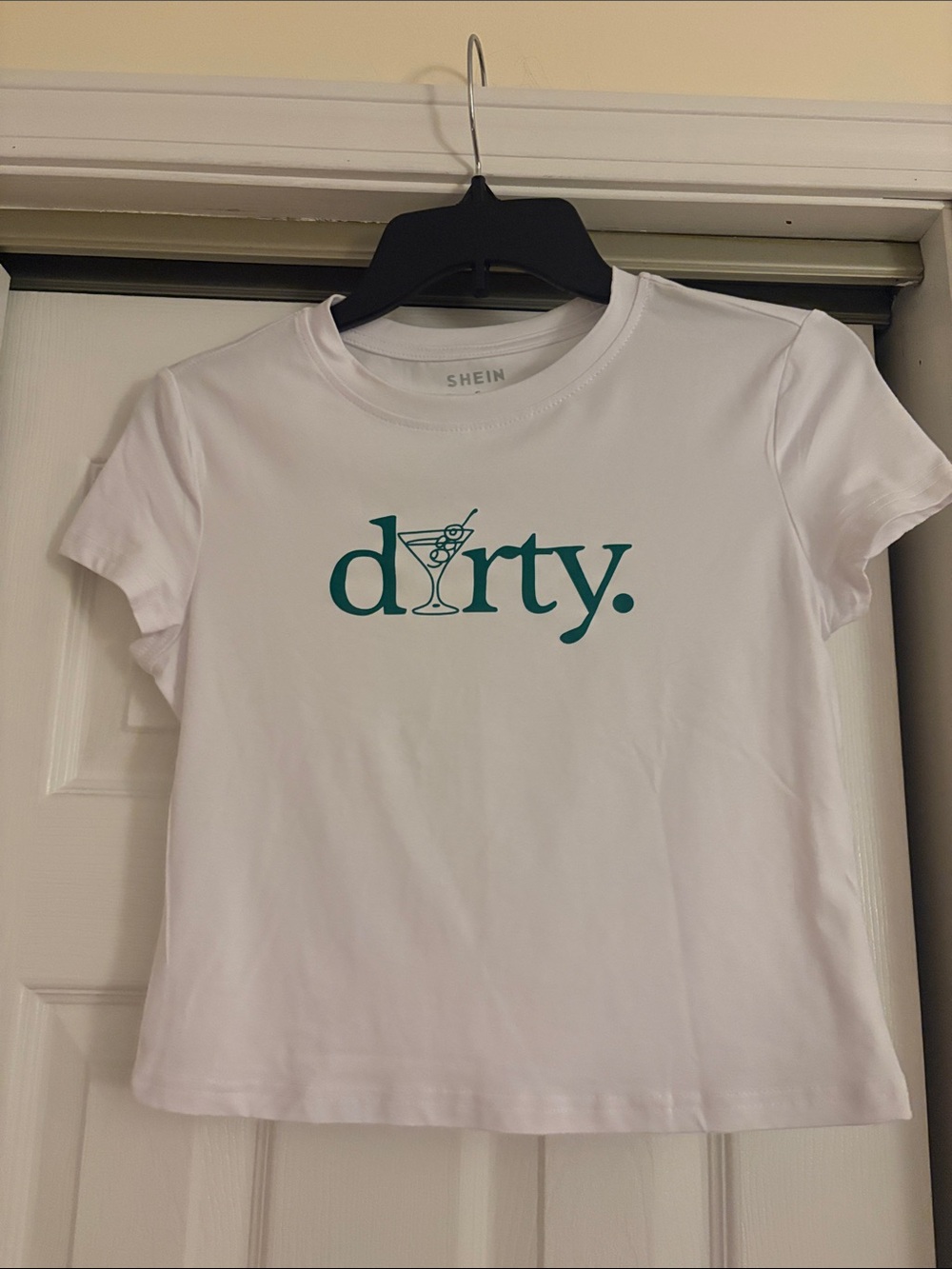 SHEIN White Short Sleeve Tee with Teal 'dirty.' Graphic